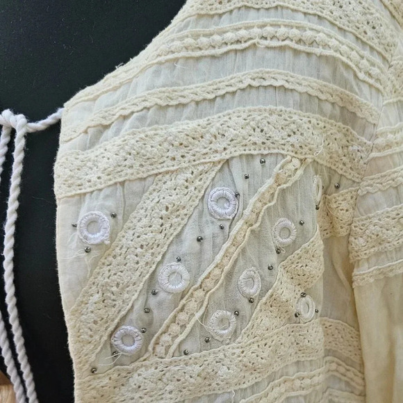 Embroidered Embellished Hippie BOHO Kimono Tie Front Prairie Shrug Cream Medium - Picture 6 of 13